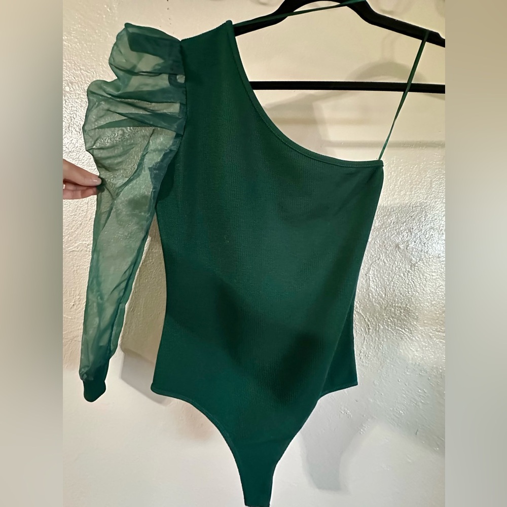 Forest Green one shoulder ribbed knit bodysuit